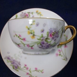 WM GUERIN & CO - BAWO & DOTTER (ELITE WORKS)  LIMOGES-  PURPLE ASTERS, YELLOW & PINK FLORAL SPRAYS (c.1900-32)   CUP & SAUCER- SMOOTH-  EXCELLENT !!  RARE !!