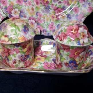 JAMES KENT DUBARRY CHINTZ (c.1950's)  SALT & PEPPER SHAKERS WITH TRAY-  DIAMOND SHAPE-  RARE!! EXCELLENT!!