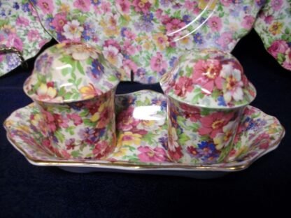 JAMES KENT DUBARRY CHINTZ (c.1950's) SALT & PEPPER SHAKERS WITH TRAY- DIAMOND SHAPE- RARE!! EXCELLENT!!