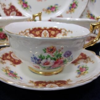 REGENCY, ENGLAND (GENUINE BONE CHINA) FLORAL SPRAYS, MAROON & TAN CARTOUCHE (c.1952) CUP & SAUCER- SCALLOPED- EXCELLENT !! RARE !!