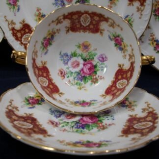 REGENCY, ENGLAND (GENUINE BONE CHINA) FLORAL SPRAYS, MAROON & TAN CARTOUCHE (c.1952) SOUP BOWL & SAUCER- SCALLOPED- EXCELLENT !! RARE !!
