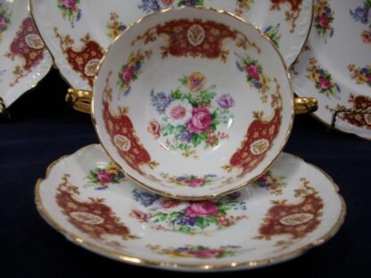 REGENCY, ENGLAND (GENUINE BONE CHINA) FLORAL SPRAYS, MAROON & TAN CARTOUCHE (c.1952) SOUP BOWL & SAUCER- SCALLOPED- EXCELLENT !! RARE !!
