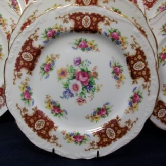 REGENCY, ENGLAND (GENUINE BONE CHINA) FLORAL SPRAYS, MAROON & TAN CARTOUCHE (c.1952) SALAD PLATE 8 3/4" - SCALLOPED- EXCELLENT !! RARE !!