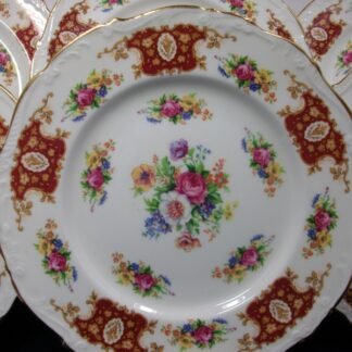 REGENCY, ENGLAND (GENUINE BONE CHINA) FLORAL SPRAYS, MAROON & TAN CARTOUCHE (c.1952) DINNER PLATE 10 5/8" - SCALLOPED- EXCELLENT !! RARE !!