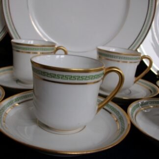 PORCELAINE LIMOUSINE (PL) & MARTIAL REDON LIMOGES- GREEN GREEK KEY (c.1905-38) DEMI CUPS & SAUCERS- ANTIQUE - EXCELLENT !! RARE !!