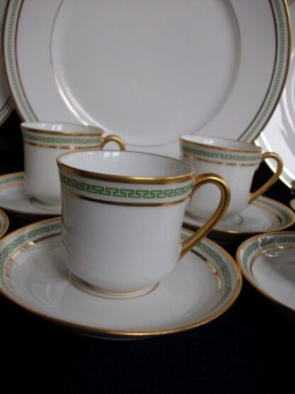 PORCELAINE LIMOUSINE (PL) & MARTIAL REDON LIMOGES- GREEN GREEK KEY (c.1905-38) DEMI CUPS & SAUCERS- ANTIQUE - EXCELLENT !! RARE !!