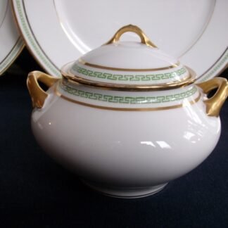 PORCELAINE LIMOUSINE (PL) & MARTIAL REDON LIMOGES- GREEN GREEK KEY (c.1905-38) COVERED SUGAR BOWL- ANTIQUE - EXCELLENT !! RARE !!