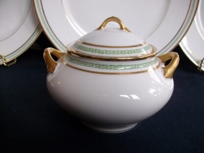 PORCELAINE LIMOUSINE (PL) & MARTIAL REDON LIMOGES- GREEN GREEK KEY (c.1905-38) COVERED SUGAR BOWL- ANTIQUE - EXCELLENT !! RARE !!