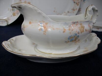 BAWO & DOTTER (ELITE WORKS)  LIMOGES-  AUTUMN VINE BLUE FLORAL (c.1896-1900)  GRAVY BOAT WITH UNDERPLATE  #1 -  ORNATE!! RARE!! EXCELLENT!!