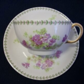 CMC- MAUREIL CHAPEAU & CHARLES- LIMOGES FRANCE-  PURPLE VIOLETS & LAUREL LEAF  (c.1890-1914)   CUP & SAUCER-  SMOOTH-  EXCELLENT !!  RARE !!