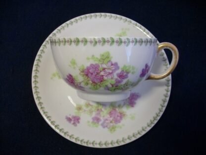 CMC- MAUREIL CHAPEAU & CHARLES- LIMOGES FRANCE- PURPLE VIOLETS & LAUREL LEAF (c.1890-1914) CUP & SAUCER- SMOOTH- EXCELLENT !! RARE !!