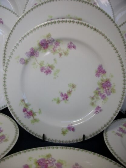CMC- MAUREIL CHAPEAU & CHARLES -- LAVIOLETTE- LIMOGES FRANCE- PURPLE VIOLETS & LAUREL LEAF (c.1896-1905) SALAD PLATE 7 5/8"- SMOOTH- EXCELLENT !! RARE !!