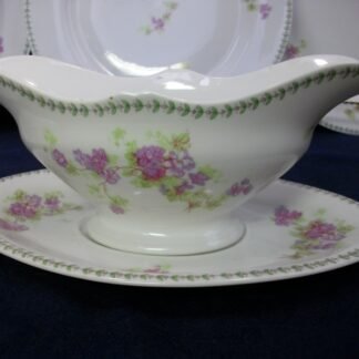 CMC- MAUREIL CHAPEAU & CHARLES- LIMOGES FRANCE-  PURPLE VIOLETS & LAUREL LEAF  (c.1890-1914)   GRAVY BOAT & UNDERPLATE-  SMOOTH-  EXCELLENT !!  RARE !!