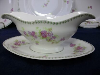 CMC- MAUREIL CHAPEAU & CHARLES- LIMOGES FRANCE- PURPLE VIOLETS & LAUREL LEAF (c.1890-1914) GRAVY BOAT & UNDERPLATE- SMOOTH- EXCELLENT !! RARE !!