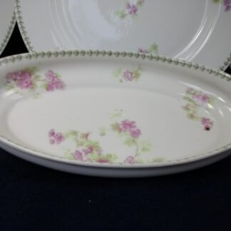 CMC- MAUREIL CHAPEAU & CHARLES- LIMOGES FRANCE-  PURPLE VIOLETS & LAUREL LEAF  (c.1890-1914)   CANOE SHAPE SERVING DISH  8 1/4"-  SMOOTH-  EXCELLENT !!  RARE !!