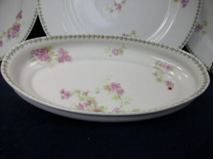 CMC- MAUREIL CHAPEAU & CHARLES- LIMOGES FRANCE- PURPLE VIOLETS & LAUREL LEAF (c.1890-1914) CANOE SHAPE SERVING DISH 8 1/4"- SMOOTH- EXCELLENT !! RARE !!
