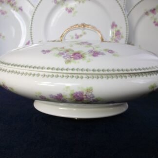 CMC- MAUREIL CHAPEAU & CHARLES- LIMOGES FRANCE-  PURPLE VIOLETS & LAUREL LEAF  (c.1890-1914)   OVAL COVERED SERVING BOWL-  SMOOTH-  EXCELLENT !!  RARE !!