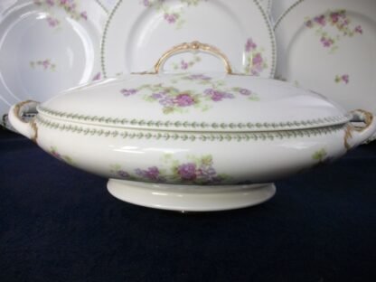 CMC- MAUREIL CHAPEAU & CHARLES- LIMOGES FRANCE- PURPLE VIOLETS & LAUREL LEAF (c.1890-1914) OVAL COVERED SERVING BOWL- SMOOTH- EXCELLENT !! RARE !!