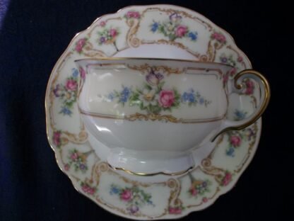 PAUL MULLER SELB BAVARIA (HUTSCHENRUETHER)  POMPADOUR-  FLORAL CARTOUCHES  (c.1917-28)  CUP & SAUCER-  EXCELLENT !!  RARE !!