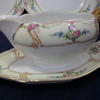 PAUL MULLER SELB BAVARIA (HUTSCHENRUETHER)  POMPADOUR-  FLORAL CARTOUCHES  (c.1917-28)  GRAVY BOAT WITH ATTACHED UNDERPLATE-  EXCELLENT !!  RARE !!