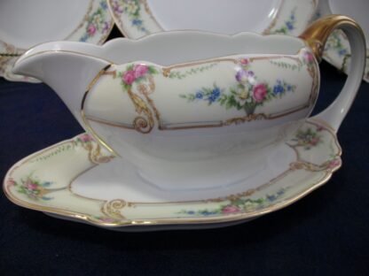 PAUL MULLER SELB BAVARIA (HUTSCHENRUETHER)  POMPADOUR-  FLORAL CARTOUCHES  (c.1917-28)  GRAVY BOAT WITH ATTACHED UNDERPLATE-  EXCELLENT !!  RARE !!