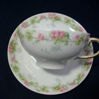 WM GUERIN & CO (LIMOGES FRANCE) WILD ROSES GARLAND- PINK & GREEN (c.1900-32)   CUP & SAUCER- SMOOTH-  EXCELLENT !!  RARE !!