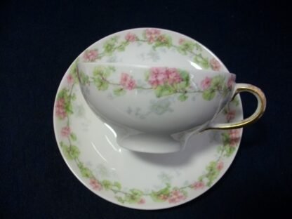 WM GUERIN & CO (LIMOGES FRANCE) WILD ROSES GARLAND- PINK & GREEN (c.1900-32)   CUP & SAUCER- SMOOTH-  EXCELLENT !!  RARE !!