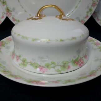 WM GUERIN & CO (LIMOGES FRANCE) WILD ROSES GARLAND- PINK & GREEN (c.1900-32)   COVERED BUTTER DISH WITH STRAINER - SMOOTH-  EXCELLENT !!  RARE !!