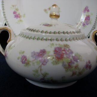 CMC- MAUREIL CHAPEAU & CHARLES- LIMOGES FRANCE-  PURPLE VIOLETS & LAUREL LEAF  (c.1890-1914)    COVERED SUGAR BOWL-  SMOOTH-  EXCELLENT !!  RARE !!