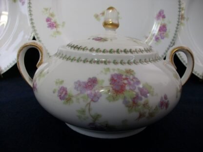 CMC- MAUREIL CHAPEAU & CHARLES- LIMOGES FRANCE- PURPLE VIOLETS & LAUREL LEAF (c.1890-1914) COVERED SUGAR BOWL- SMOOTH- EXCELLENT !! RARE !!