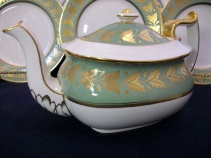 SPODE VALENTINE Y7706 - CELADON GREEN RIM GOLD LEAF BAND (c.1960's)   TEAPOT  4  CUPPER- SMOOTH-  EXCELLENT !!  RARE !!