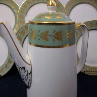 SPODE VALENTINE Y7706 - CELADON GREEN RIM GOLD LEAF BAND (c.1960's)   COFFEE POT   6 CUPPER- SMOOTH-  EXCELLENT !!  RARE !!