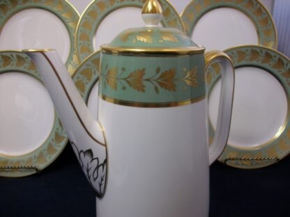 SPODE VALENTINE Y7706 - CELADON GREEN RIM GOLD LEAF BAND (c.1960's)   COFFEE POT   6 CUPPER- SMOOTH-  EXCELLENT !!  RARE !!