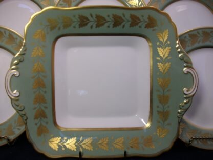 SPODE VALENTINE Y7706 - CELADON GREEN RIM GOLD LEAF BAND (c.1960's)   SQUARE HANDLED CAKE  PLATE -  EXCELLENT !!  RARE !!