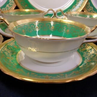 AYNSLEY KENILWORTH GREEN #7023 SCALLOPED  (c.1930's)  SOUP BOWL & SAUCER- ENCRUSTED GILT! RARE!