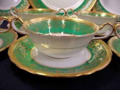 AYNSLEY KENILWORTH GREEN #7023 SCALLOPED  (c.1930's)  SOUP BOWL & SAUCER- ENCRUSTED GILT! RARE!
