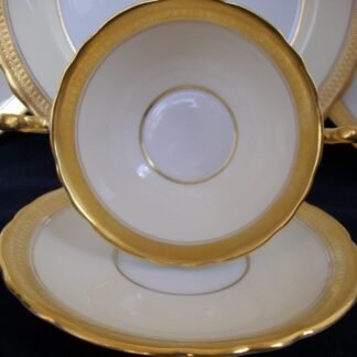 AYNSLEY CHINA SANDRINGHAM  B3830 -  GOLD & CREAM SCALLOPED  (c.1930+)  SOUP BOWL & SAUCER- ENCRUSTED GILT! RARE!