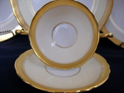 AYNSLEY CHINA SANDRINGHAM  B3830 -  GOLD & CREAM SCALLOPED  (c.1930+)  SOUP BOWL & SAUCER- ENCRUSTED GILT! RARE!
