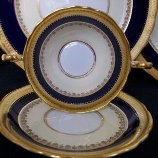 AYNSLEY CHINA WINDSOR 7167 -  GOLD COBALT & CREAM - SCALLOPED  (c.1947+)  SOUP BOWL & SAUCER- ENCRUSTED GILT! RARE!