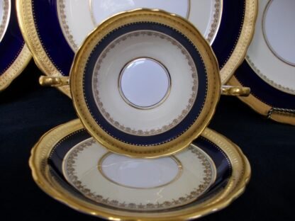 AYNSLEY CHINA WINDSOR 7167 -  GOLD COBALT & CREAM - SCALLOPED  (c.1947+)  SOUP BOWL & SAUCER- ENCRUSTED GILT! RARE!