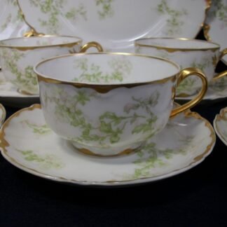 HAVILAND LIMOGES CHINA-  APPLE BLOSSOM #21765- SCHLEIGER 61L- GOLD TRIM, GREEN WITH PINK WHITE FLOWERS (c.1894+)   CUP & SAUCER- EARLY RANSON SHAPE