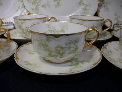 HAVILAND LIMOGES CHINA-  APPLE BLOSSOM #21765- SCHLEIGER 61L- GOLD TRIM, GREEN WITH PINK WHITE FLOWERS (c.1894+)   CUP & SAUCER- EARLY RANSON SHAPE