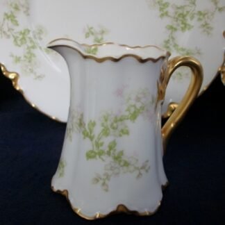 HAVILAND LIMOGES CHINA-  APPLE BLOSSOM #21765- SCHLEIGER 61L- GOLD TRIM, GREEN WITH PINK WHITE FLOWERS (c.1894+)   CREAMER 8 OZ -  EARLY RANSON SHAPE