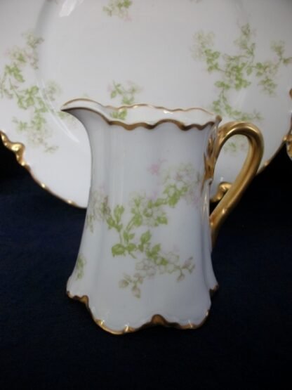 HAVILAND LIMOGES CHINA-  APPLE BLOSSOM #21765- SCHLEIGER 61L- GOLD TRIM, GREEN WITH PINK WHITE FLOWERS (c.1894+)   CREAMER 8 OZ -  EARLY RANSON SHAPE