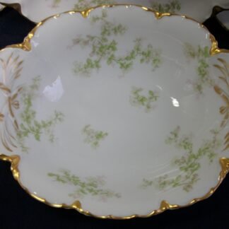 HAVILAND LIMOGES CHINA-  APPLE BLOSSOM #21765- SCHLEIGER 61L- GOLD TRIM, GREEN WITH PINK WHITE FLOWERS (c.1894+)   OVAL OPEN SERVING BOWL  9 7/8" -  EARLY RANSON SHAPE