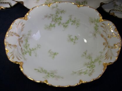 HAVILAND LIMOGES CHINA-  APPLE BLOSSOM #21765- SCHLEIGER 61L- GOLD TRIM, GREEN WITH PINK WHITE FLOWERS (c.1894+)   OVAL OPEN SERVING BOWL  9 7/8" -  EARLY RANSON SHAPE