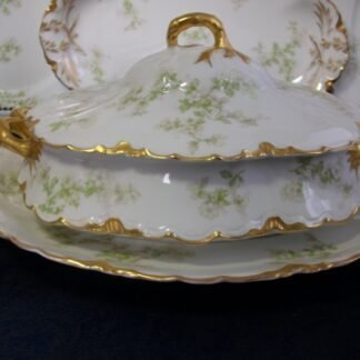HAVILAND LIMOGES CHINA-  APPLE BLOSSOM #21765- SCHLEIGER 61L- GOLD TRIM, GREEN WITH PINK WHITE FLOWERS (c.1894+)   OVAL COVERED SERVING BOWL-  EARLY RANSON SHAPE