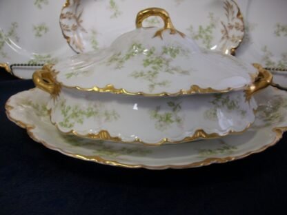 HAVILAND LIMOGES CHINA-  APPLE BLOSSOM #21765- SCHLEIGER 61L- GOLD TRIM, GREEN WITH PINK WHITE FLOWERS (c.1894+)   OVAL COVERED SERVING BOWL-  EARLY RANSON SHAPE