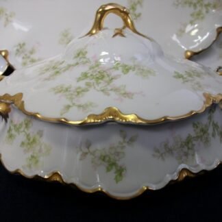 HAVILAND LIMOGES CHINA-  APPLE BLOSSOM #21765- SCHLEIGER 61L- GOLD TRIM, GREEN WITH PINK WHITE FLOWERS (c.1894+)   ROUND COVERED SERVING BOWL-  EARLY RANSON SHAPE