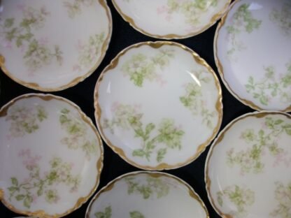 HAVILAND LIMOGES CHINA-  APPLE BLOSSOM #21765- SCHLEIGER 61L- GOLD TRIM, GREEN WITH PINK WHITE FLOWERS (c.1894+)   BUTTER PAT  3 1/16"-  EARLY RANSON SHAPE